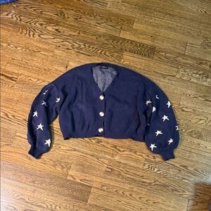 Storia Cropped Navy Blue Chunky Cardigan Stars Puff Sleeves Size Medium